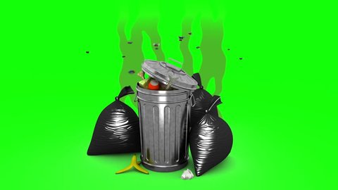 Smelly garbage bin and garbage bags. 3D animation. Green screen, loopable.