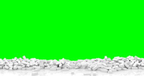 Crumbling brick wall chroma key footage. Unstable construction falling apart isolated on green screen. Barricade collapse revealing background animation. Structure breaking down video