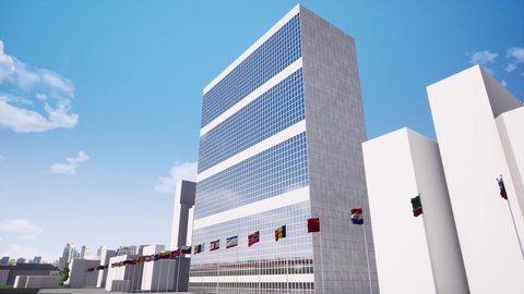 United nations headquarters building footage. General assembly office and member countries flags swaying in wind animation. New York City landmark. UN building facade realistic video