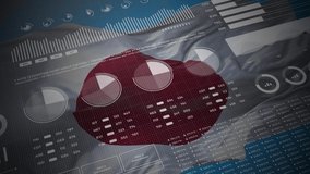 Japan. Statistics, infographics, financial market data, analysis and reports, numbers and graphs on Japanese waving flag 4K.  - Powered by Shutterstock - Get 15% off with code: PIKWIZARD15