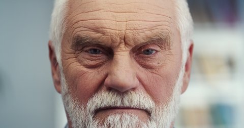 Close up of the serious face of the Caucasian old grey-haired man with beard looking straight to the camera and looking straight to the camera with angry look. Portrait.