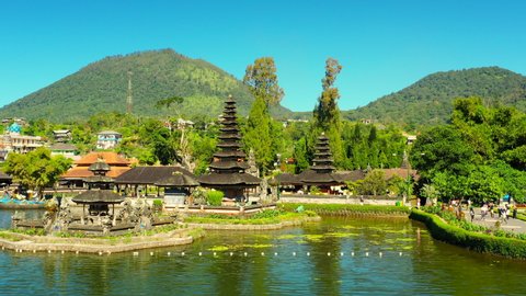 Bali / Indonesia - May 12 2019: Aerial View at Pura Ulun Danu Beratan the temple complex is located on the shores of Lake Bratan in the mountains near Bedugul