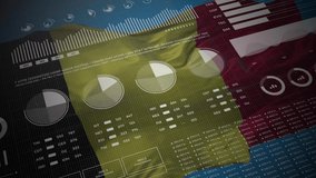 Belgium. Statistics, infographics, financial market data, analysis and reports, numbers and graphs on Belgian waving flag 4K.  - Powered by Shutterstock - Get 15% off with code: PIKWIZARD15