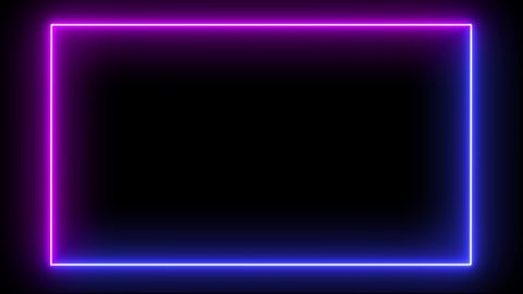 Rectangular frame with moving line. Glowing neon frame animation with purple and blue colors on black background. Fluorescent ultraviolet light.