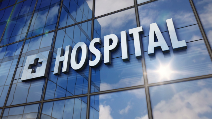 Hospital glass building. Mirrored sky and city on modern facade. Health, clinic, emergency, healthcare and medical concept in 3D rendering animation.