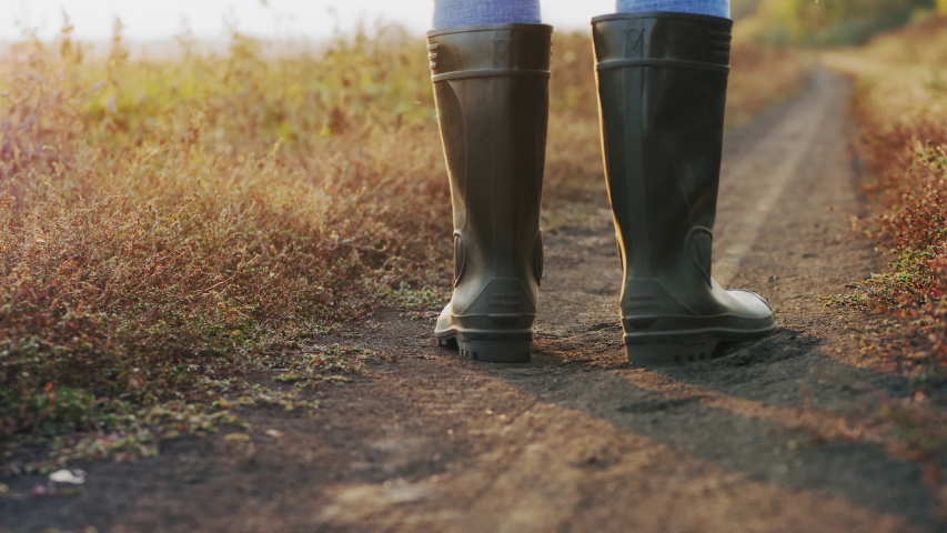 Close-up of a farmer's feet in rubber boots walking down a country road between fields, dust rising from shoes. Slow-motion 4k video Royalty-Free Stock Footage #1038121397