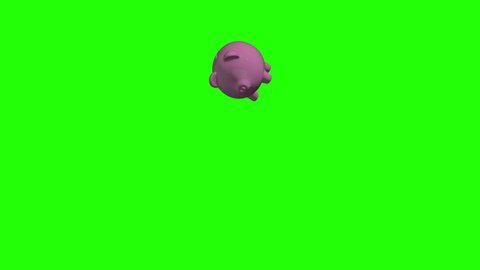 Pink ceramic pig falling in slow motion and breaking crash into pieces on the floor over green screen. Breaking the piggy bank concept.Great for savings, money, economy,deposit, security. Animation 3d
