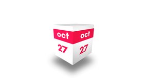 October 27th calendar. Day 27 of month. 3d cube video animation in 4k, 30 fps.