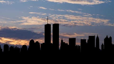 New York City, September 2000: Original World Trade Center with Twin Towers, destroyed in 2001 during the September 11 2001 attacks, Time Lapse at Sunrise, Manhattan, USA