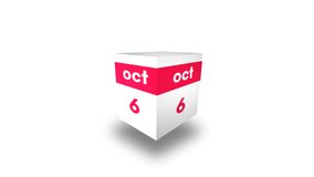 October 6th calendar. Day 6 of month. 3d cube video animation in 4k, 30 fps.