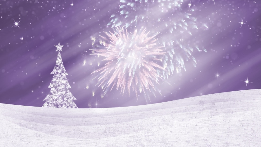 Violet coloured Christmas night with illustrated Xmas tree and fireworks. Copy space animation background.	 | Shutterstock HD Video #1038132764