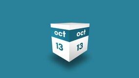 October 13th calendar. Day 13 of month. 3d cube video animation in 4k, 30 fps.