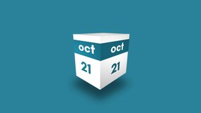 October 21th calendar. Day 21 of month. 3d cube video animation in 4k, 30 fps.