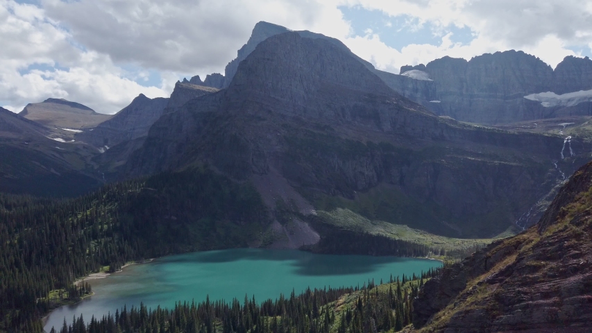 Aerial view of the landscape of Grinnell Lake at Glacier National Park, Montana