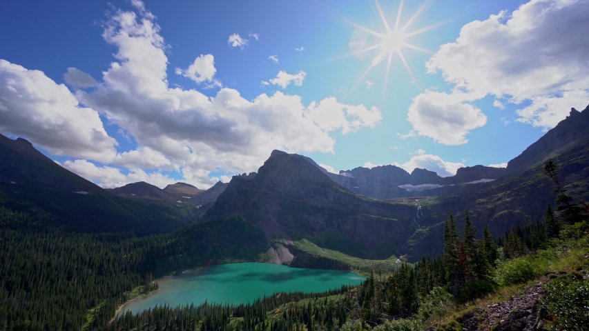 Aerial view of the landscape of Grinnell Lake at Glacier National Park, Montana