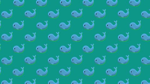 A pleasant animation: a repeated pattern of a blue whale,ing to the upper left angle, over a watery green background.