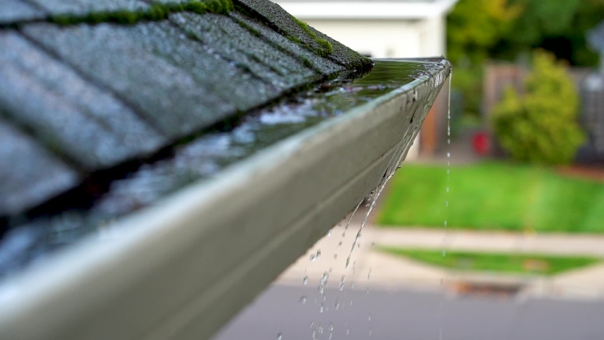 Roof gutters clogged with leaves and overflowing water slow motion Royalty-Free Stock Footage #1038148883