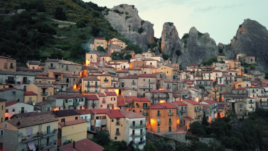 Panning shot of Castelmezzano - Italian mountain village located in the Dolomiti lucane mountains, province of Potenza, in the Southern Italian region of Basilicata