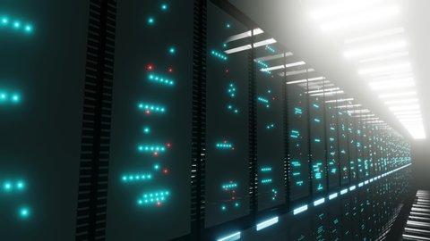 Data center with endless servers. Network and information servers behind glass panels. Server room with twinkling lights. 4K high quality loop animation
