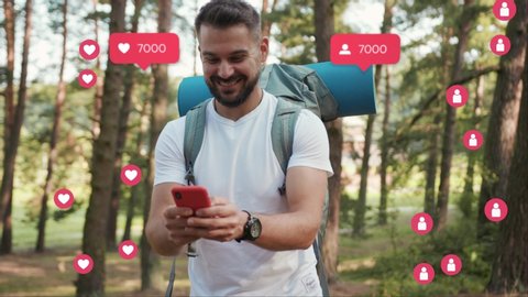 Young Man with Beard and Backpack Make Live Stream. Vlogger Influencer. Animation with User Interface - Likes, Followers, Comments for Social Media from Smartphone. Response. Successful Emotion. Live