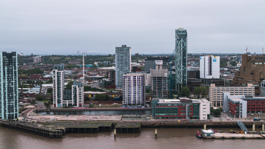 Establishing Aerial View of Liverpool, City Waterfront, United Kingdom