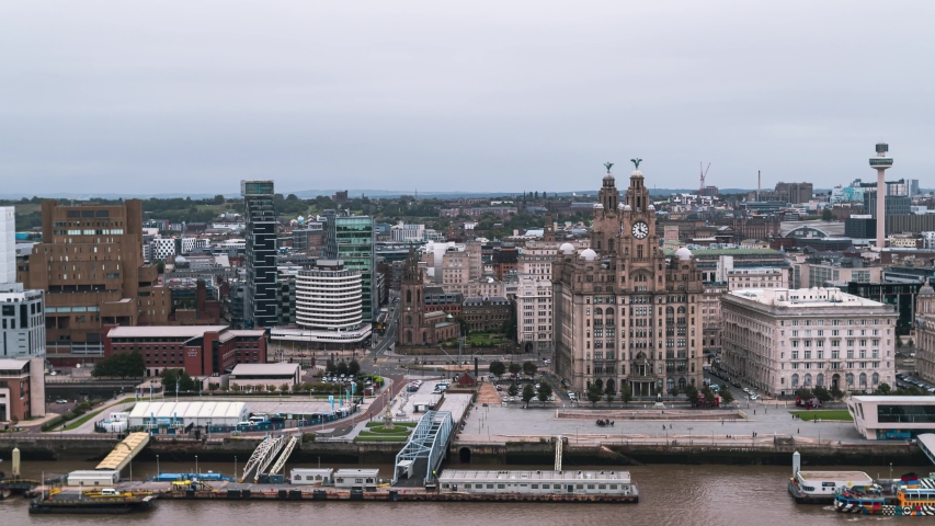 Establishing Aerial View of Liverpool, City Waterfront, United Kingdom Royalty-Free Stock Footage #1038157274