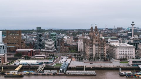 Establishing Aerial View of Liverpool, City Waterfront, United Kingdom