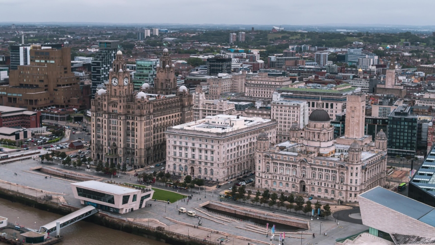 Establishing Aerial View of Liverpool, City Waterfront, United Kingdom