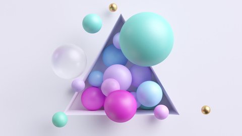 3d cycled loop animation of colorful balls floating inside white triangular niche. Seamless motion design. Pink and blue spheres shaking. Live image in pastel colors. Minimal modern animated poster.