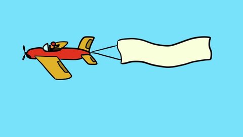 Colorful plane with banner flying in sky through clouds. Loopable childish cartoon doodle sketch style animation in 4K.