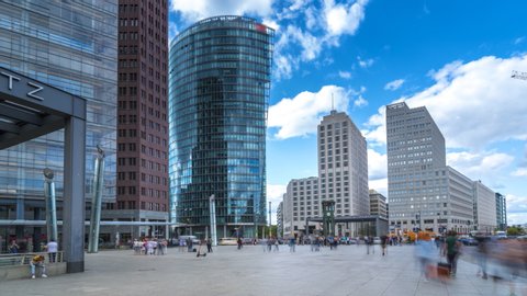 Potsdamer Platz Berlin Square and traffic. Berlin, Germany time lapse hyperlapse square. Berlin most popular street square time lapse video in 4k. Germany.