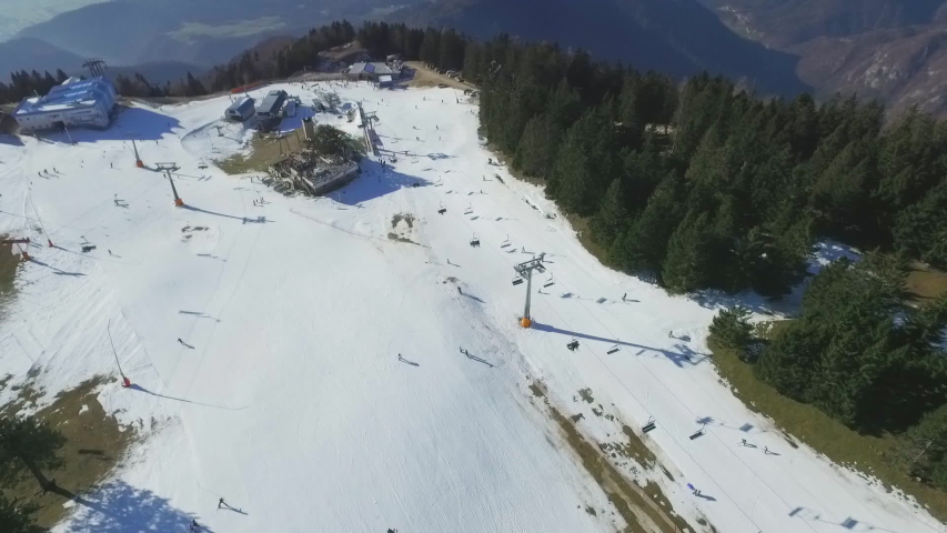 Aerial Ski lift and Ski area view. Daytime. Krvavec, Slovenia