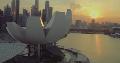 Aerial drone view of Singapore City Skyline and Skyscrapers at Marina Bay  Art Science Museum downtown - Singapore 2019