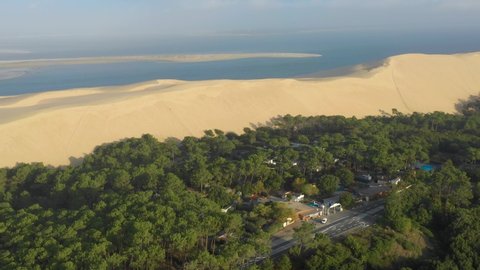 France, Camping in front of Dune du Pilat, drone aerial view