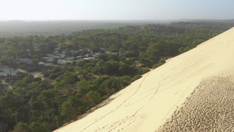 France, Dune du Pilat, drone aerial view from sand to forest