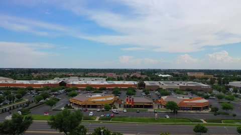 Clovis,CA/USA-June 2, 2019: aerial views of Sierra Vista Mall’s storefronts and restaurants.