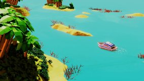 3d cartoon low poly animation of boat moving among the atolls in ocean with colorful palms, plants and corals. Travelling concept video. Left side view.