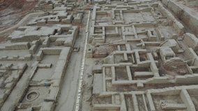 Drone view (aerial) of the historical place of Mohenjo Daro in Sindh, Pakistan (Old Civilization)