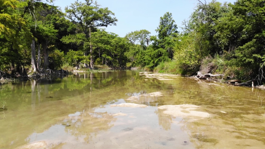 Rising above the water and showing a section of river that gets enveloped by many cypress trees. Flying in direction of trees and over their tops - Aerial footage of the Blanco river in Wimberly, TX