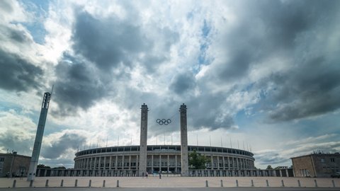 BERLIN, GERMANY - September 2019: timelapse of the Olympiastadion, olympic stadium in Berlin with tower on the left