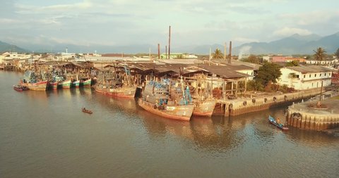 Fishing Fleet in Ranong Port Thailand and Water Taxis