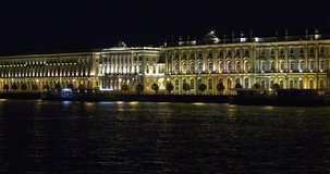 4K night video of beautiful illuminated vintage Admiralty architecture, Neva River, streets of Saint Petersburg city center, bridge draw at Neva River embankment of the Russia's northern capital