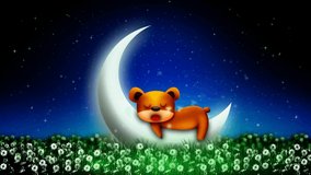 bear cartoon sleeping on moon and wonderful night garden, best loop video background for relaxing, calming