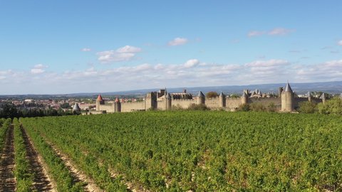 Aerial view above the vineyards with the discovery of the medieval city of Carcassonne. Beautiful Castle in southern France, Cite de Carcassonne. 
