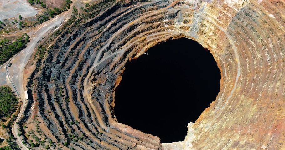open pit mine in the Rio Tinto in Spain in aerial view, ore extraction