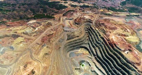 open pit mine in the Rio Tinto in Spain in aerial view, ore extraction