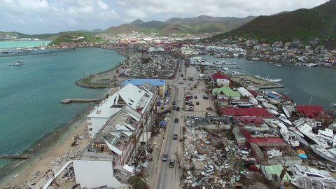 St.Martin Sandy Ground September 2017: Hurricane Irma category 5 storm create catastrophic damages to beaches, buildings and homes. Atlantic hurricane season. 