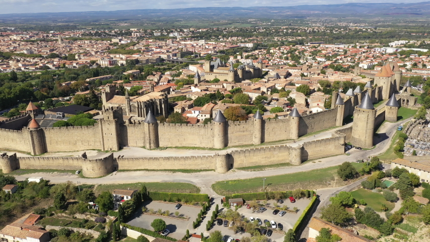 Aerial view of the Cité de Carcassonne, beautiful medieval citadel located on a hill on the right bank of the River Aude in the department of Aude, Occitanie region, France
