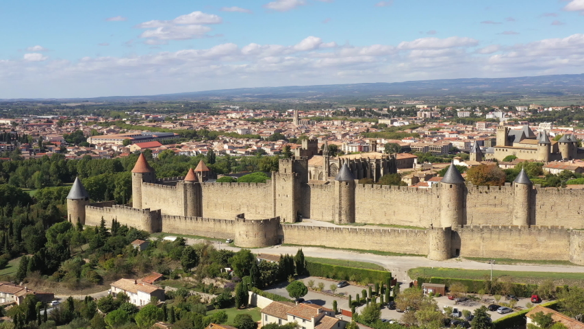 Aerial view of the Cité de Carcassonne, beautiful medieval citadel located on a hill on the right bank of the River Aude in the department of Aude, Occitanie region, France