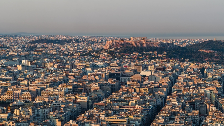 Establishing Aerial View of Athens, Parthenon, Acropolis, Greece